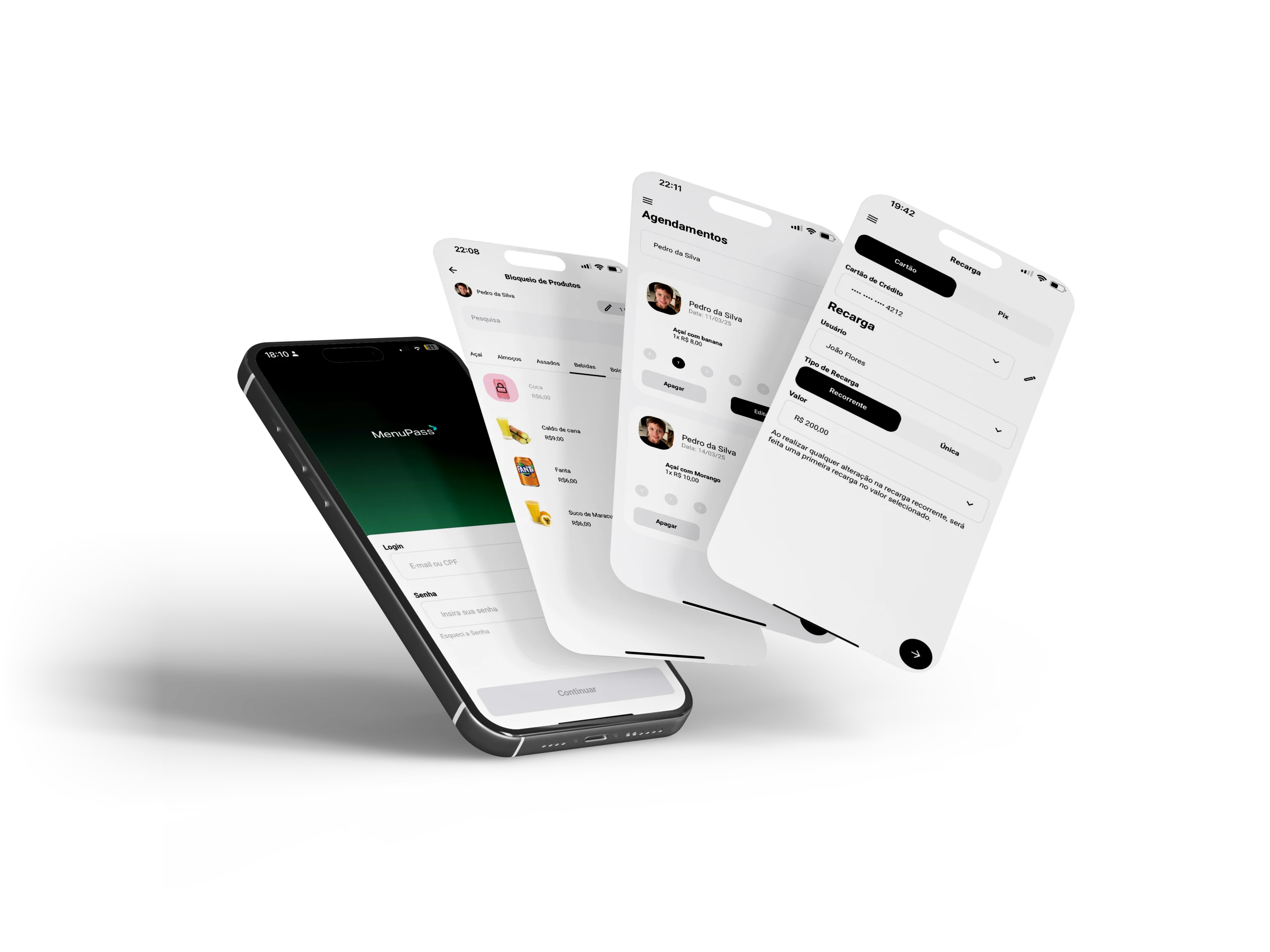 Interface do aplicativo MenuPass mostrando telas de compras e sistema de créditos corporativos